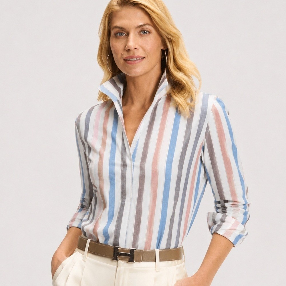 Sarah Alexandra Blue Grey Pink Signature Striped Shirt Button Up Cotton Size 8